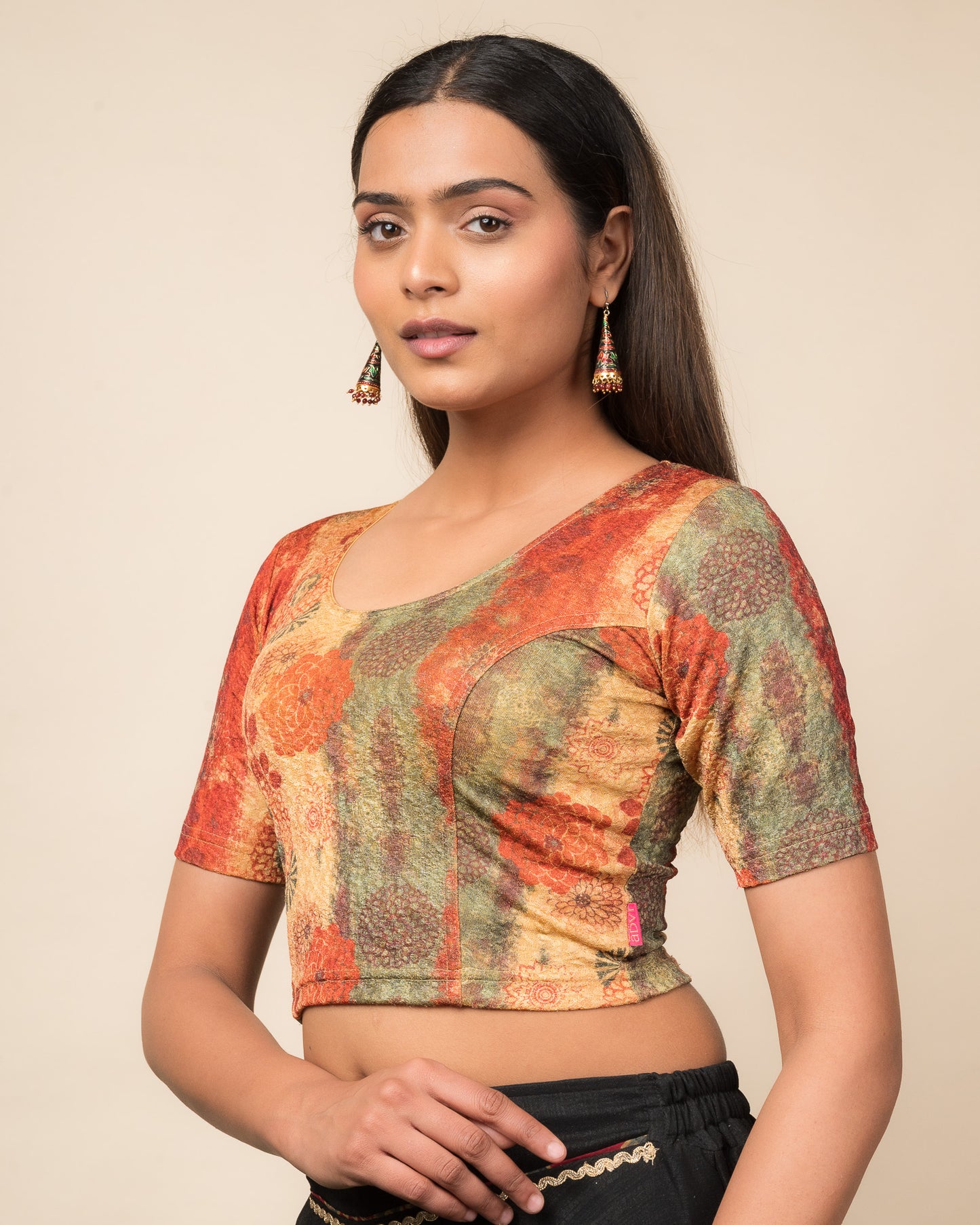 Baawri Red Multicolour Printed Stretchable Saree Blouse Advi