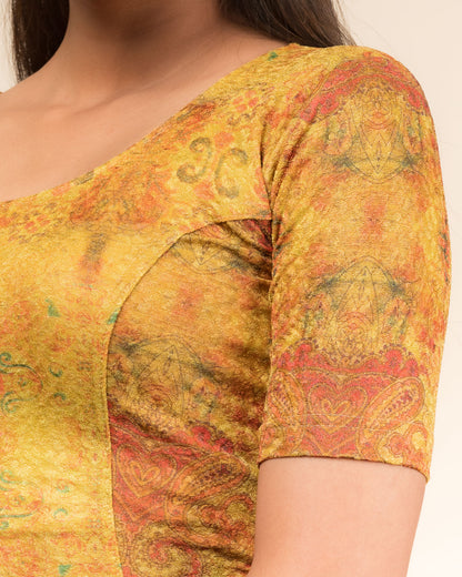 Baawri Mustard Multicolour Print Saree Blouse with Golden Back Advi