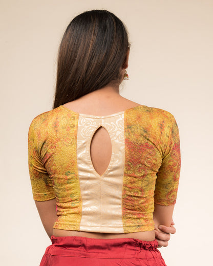 Baawri Mustard Multicolour Print Saree Blouse with Golden Back Advi