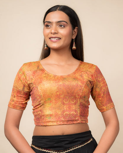 Baawri Red Multicolour Print Saree Blouse with Golden Back Advi