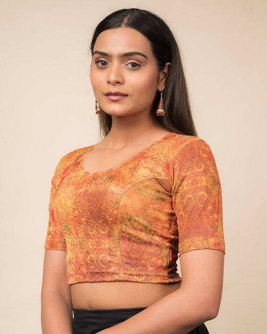 Baawri Red Multicolour Print Saree Blouse with Golden Back Advi