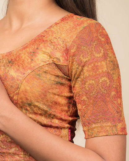 Baawri Red Multicolour Print Saree Blouse with Golden Back Advi