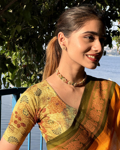 Baawri Green Multicolour Printed Stretchable Saree Blouse Advi