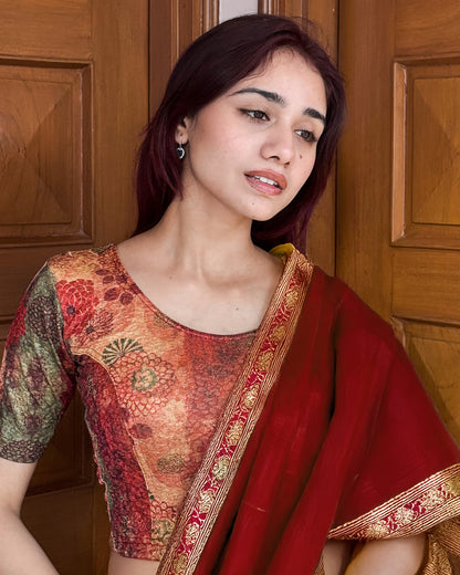 Baawri Maroon Multicolour Printed Stretchable Saree Blouse Advi