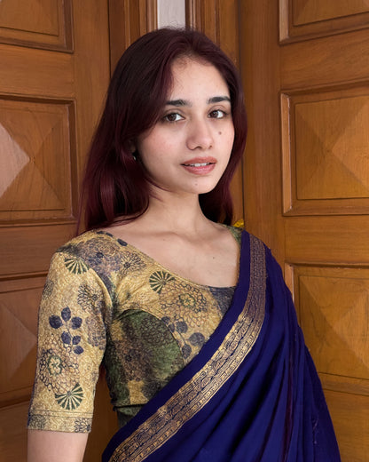Baawri Navy Blue Multicolour Printed Stretchable Saree Blouse Advi