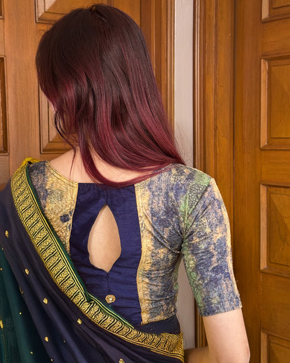 Baawri Navy Blue Multicolour Printed Stretchable Saree Blouse Advi