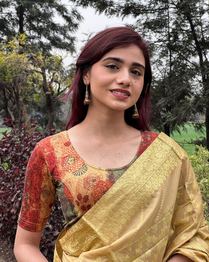 Baawri Red Multicolour Printed Stretchable Saree Blouse Advi