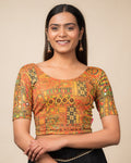 Aaina Jacquard Orange Blouse with Kutch Print Mirror Work Stretchable Fit | Festivewear