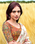 Aaina Jacquard Red Readymade Saree Blouse with Kutch Print & Mirror Detailing