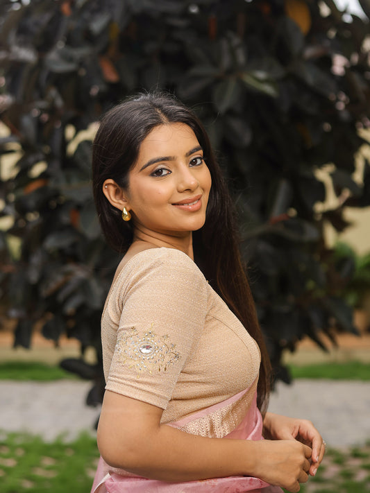 Vajra Beige Bajuband Embroidery Work Stretchable Saree Blouse