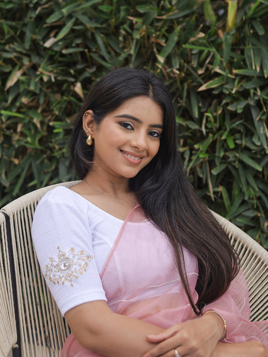 Vajra White Bajuband Embroidery Work Stretchable Saree Blouse