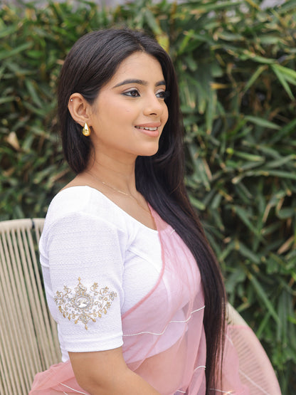 Vajra White Bajuband Embroidery Work Stretchable Saree Blouse