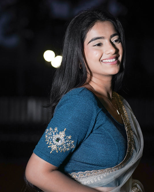 Vajra Rama Green Bajuband Embroidery Work Stretchable Saree Blouse