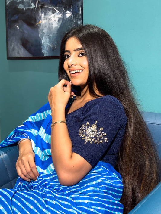 Vajra Navy Blue Bajuband Embroidery Work Stretchable Saree Blouse