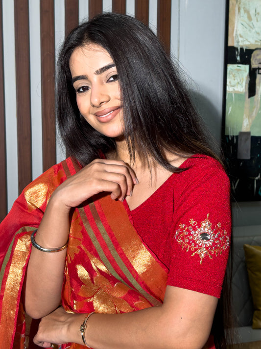 Vajra Red Bajuband Embroidery Work Stretchable Saree Blouse – Advi