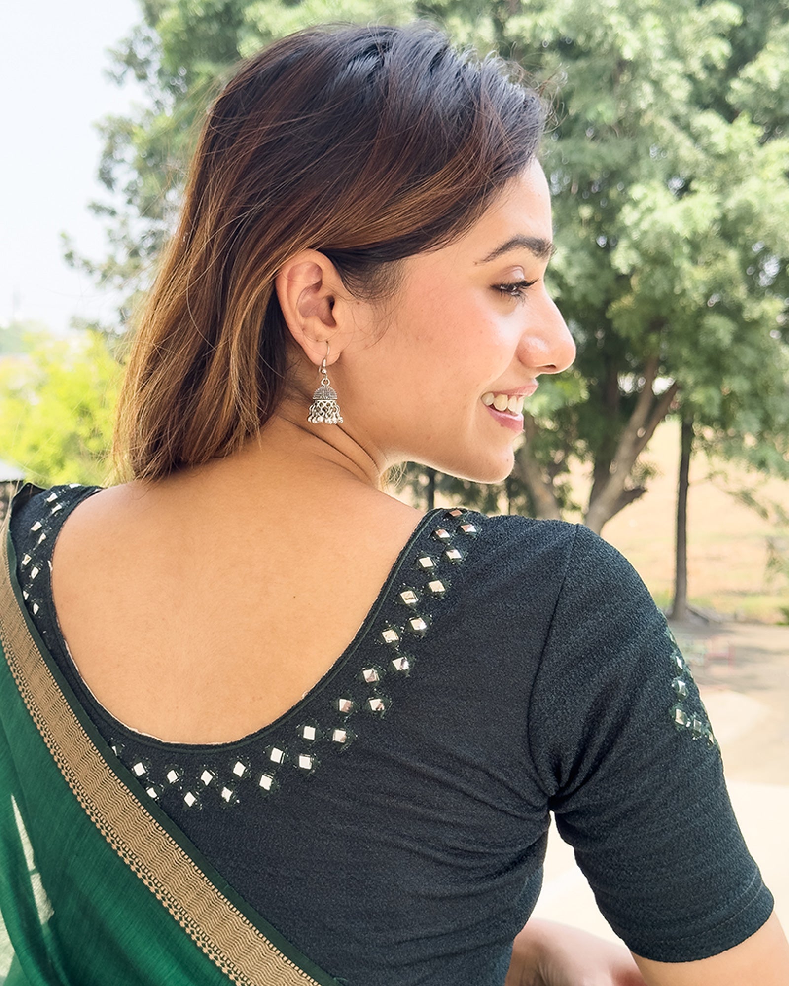 Durga Mirror Work Bottle Green Saree Blouse with Embroidery Stretchable Fit