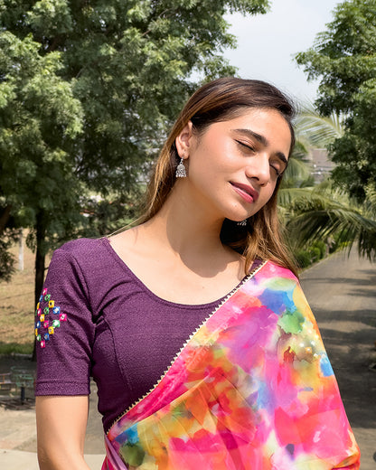 Model pairing the blouse with a saree, styled for festive occasions.

