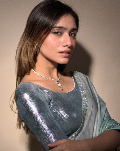 Model paired with a saree or skirt for a glamourous, contemporary ensemble