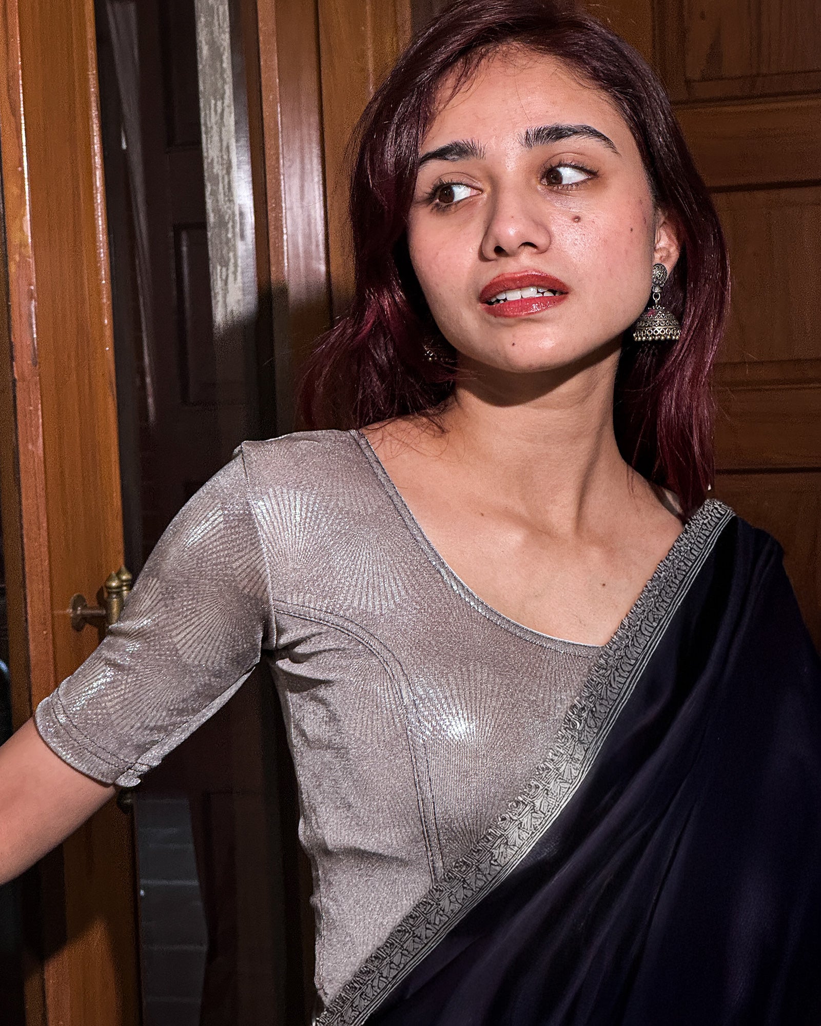 Model paired with a saree or skirt for a glamourous, contemporary ensemble.
