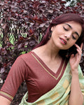 Nohreen Coffee Shimmer V Neck Blouse with Gold Lace | Stretchable Saree Blouse