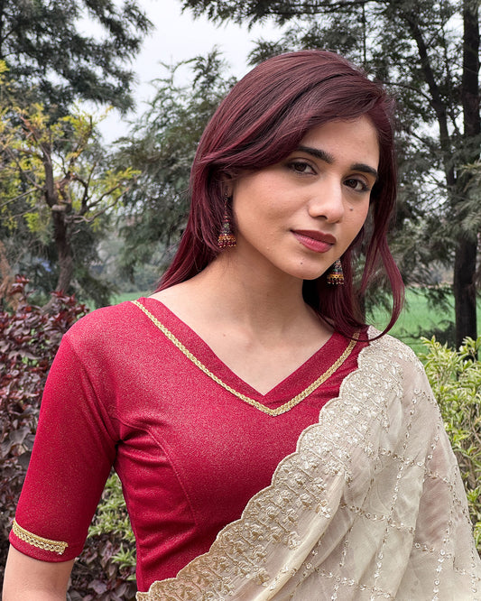 Model paired the blouse with a saree for a festive or evening occasion.