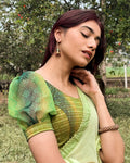 Kohima Green Printed Blouse with Metallic Puff Sleeves | Readymade Saree Blouse