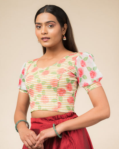 Side profile highlighting the puff sleeve volume and side fit.