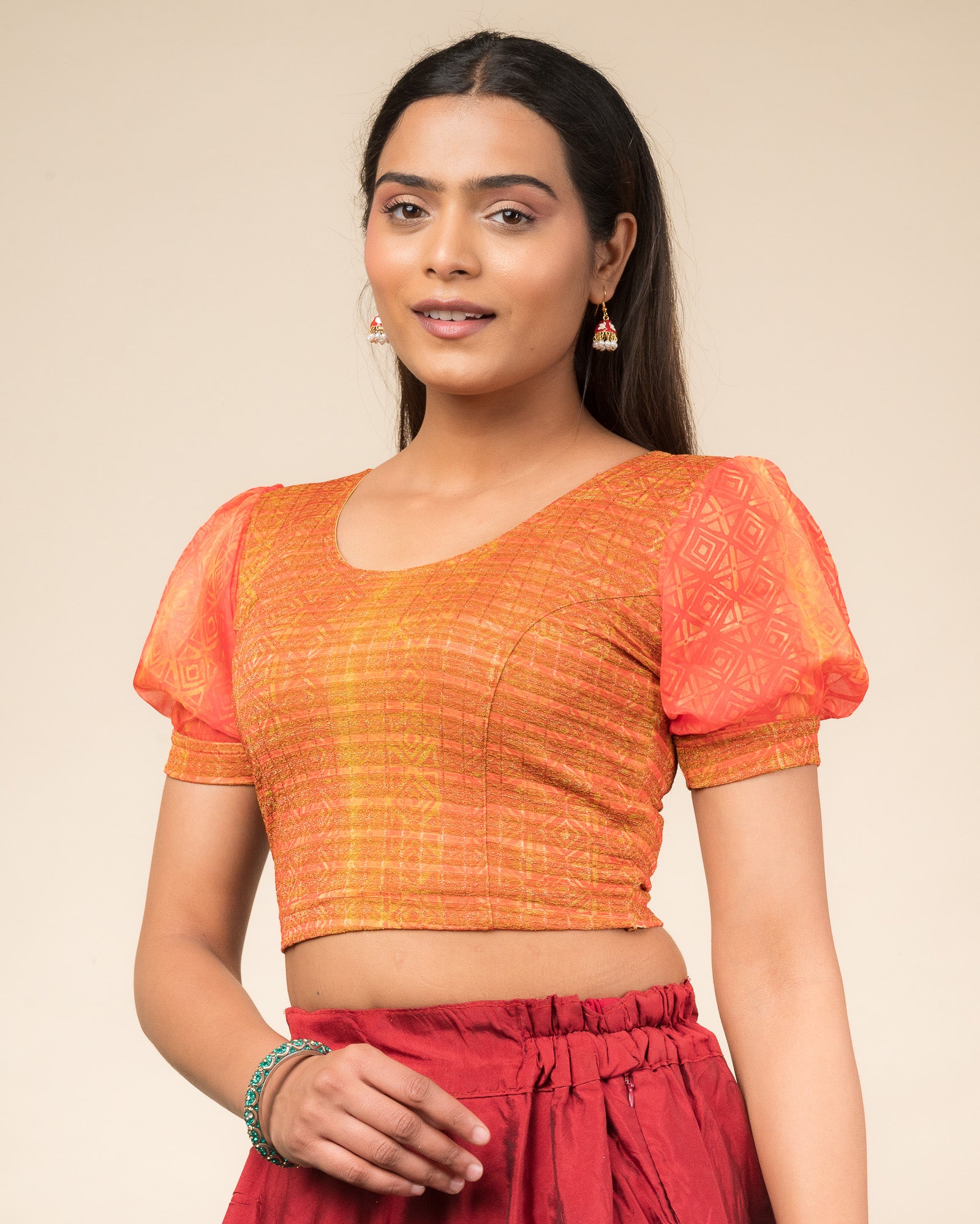 Advi's Orange Multicolour Saree Blouse with Puff Sleeves