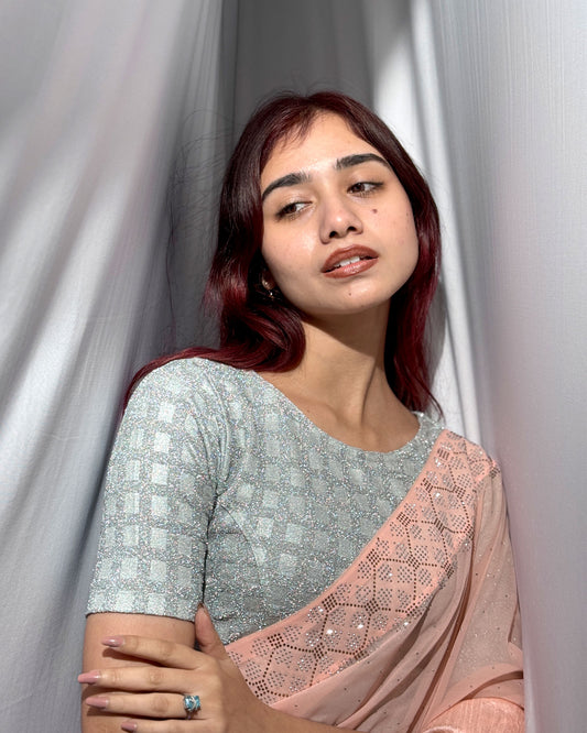 Naksh Silver Metallic Check Blouse with Boatneck | Readymade Festive Wear