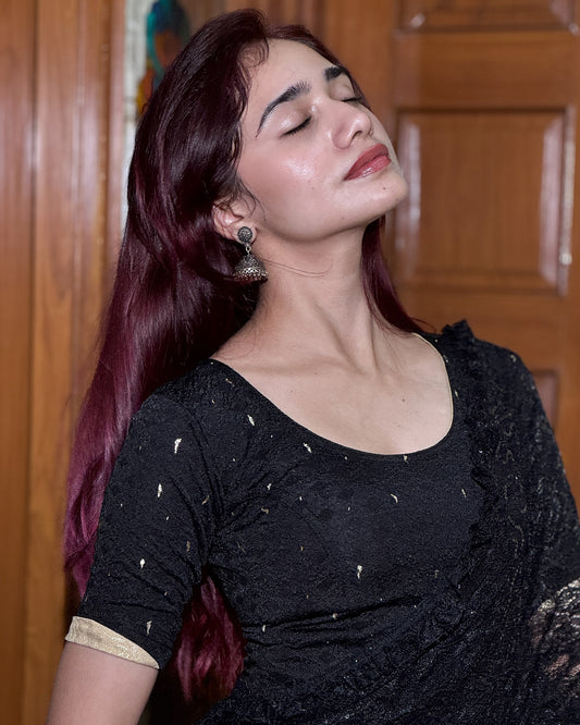Model styled the blouse with a saree for an elevated festive look.