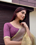 Shyama Purple Blouse with Gold Foil & Cutout Back | Stretchable Festive Fit