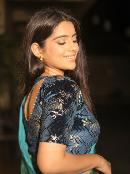 Keri Rama Green Metallic Velvet Floral Stretchable Saree Blouse – Advi