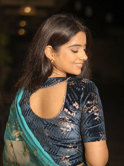 Keri Rama Green Metallic Velvet Floral Stretchable Saree Blouse – Advi