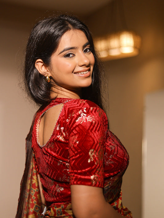 Keri Red Metallic Velvet Floral Stretchable Saree Blouse – Advi