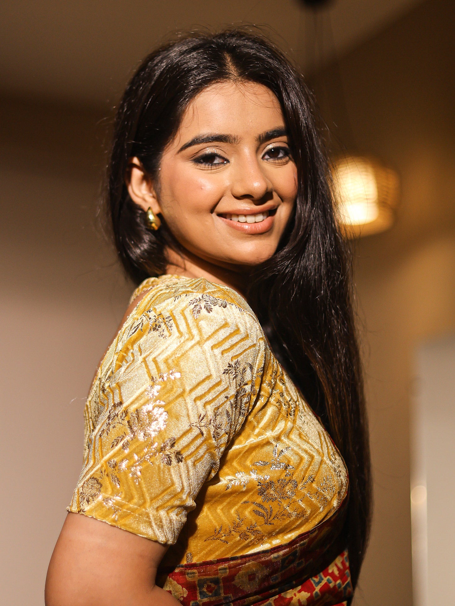 Keri Gold Metallic Velvet Floral Stretchable Saree Blouse – Advi