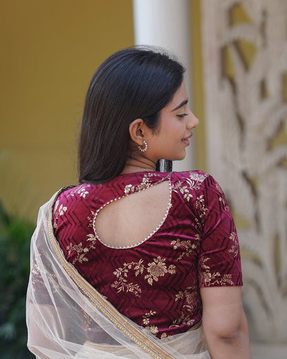 Keri Maroon Metallic Velvet Floral Stretchable Saree Blouse – Advi