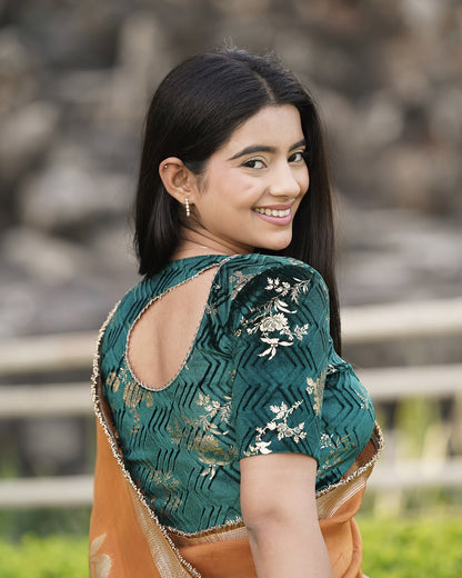 Keri Bottle Green Metallic Velvet Floral Stretchable Saree Blouse – Advi
