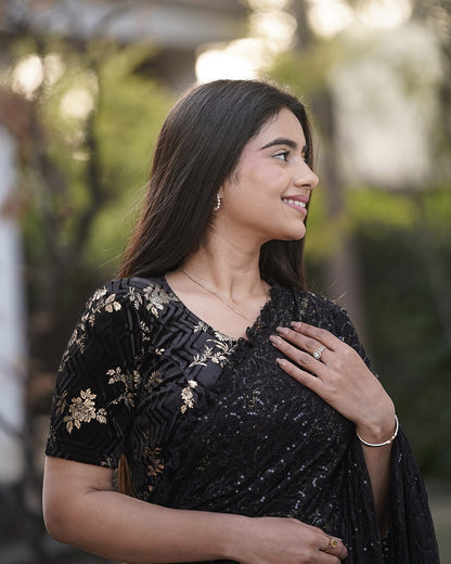 Keri Black Metallic Velvet Floral Stretchable Saree Blouse – Advi