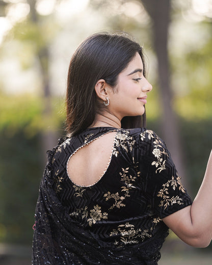 Keri Black Metallic Velvet Floral Stretchable Saree Blouse – Advi