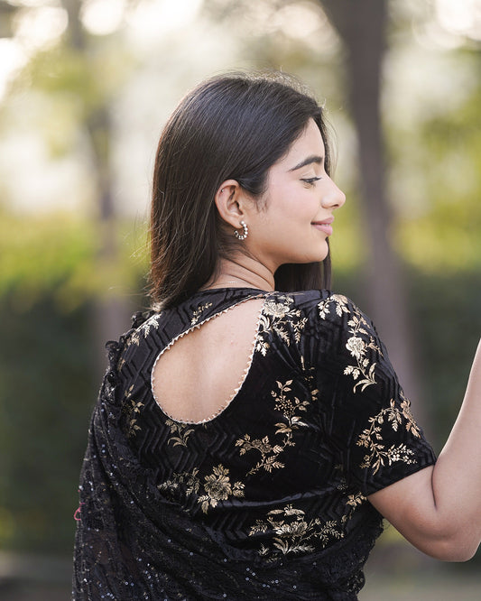 Keri Black Metallic Velvet Floral Stretchable Saree Blouse – Advi