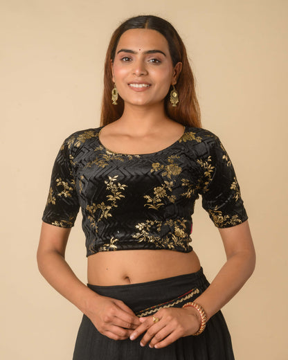 Keri Black Metallic Velvet Floral Stretchable Saree Blouse – Advi