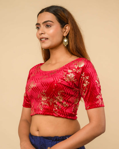 Keri Red Metallic Velvet Floral Stretchable Saree Blouse – Advi