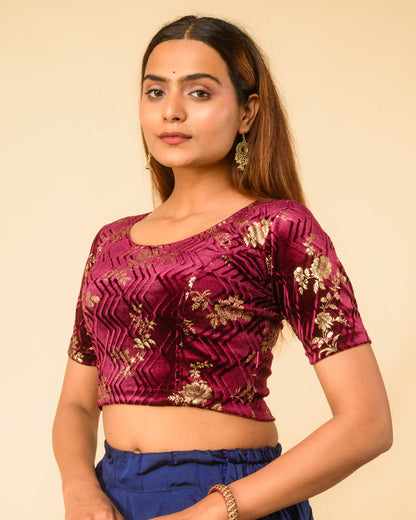 Keri Wine Metallic Velvet Floral Stretchable Saree Blouse – Advi