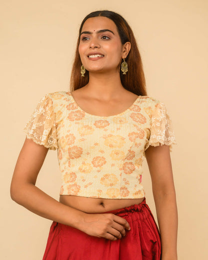 Titli Gold Cream Floral Zari Jacquard Retro Bell Sleeve Stretchable Saree Blouse