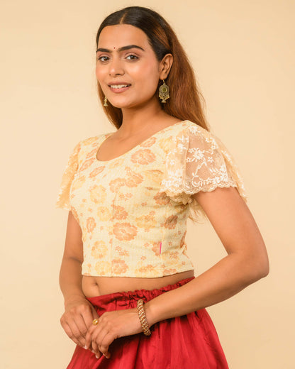 Titli Gold Cream Floral Zari Jacquard Retro Bell Sleeve Stretchable Saree Blouse
