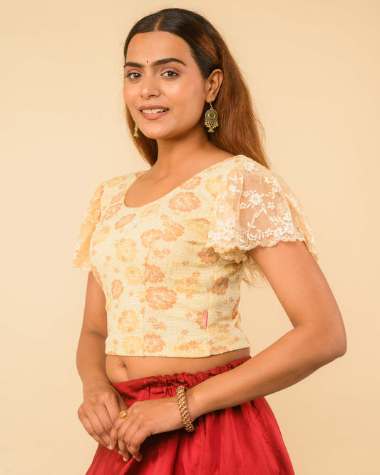Titli Gold Cream Floral Zari Jacquard Retro Bell Sleeve Stretchable Saree Blouse