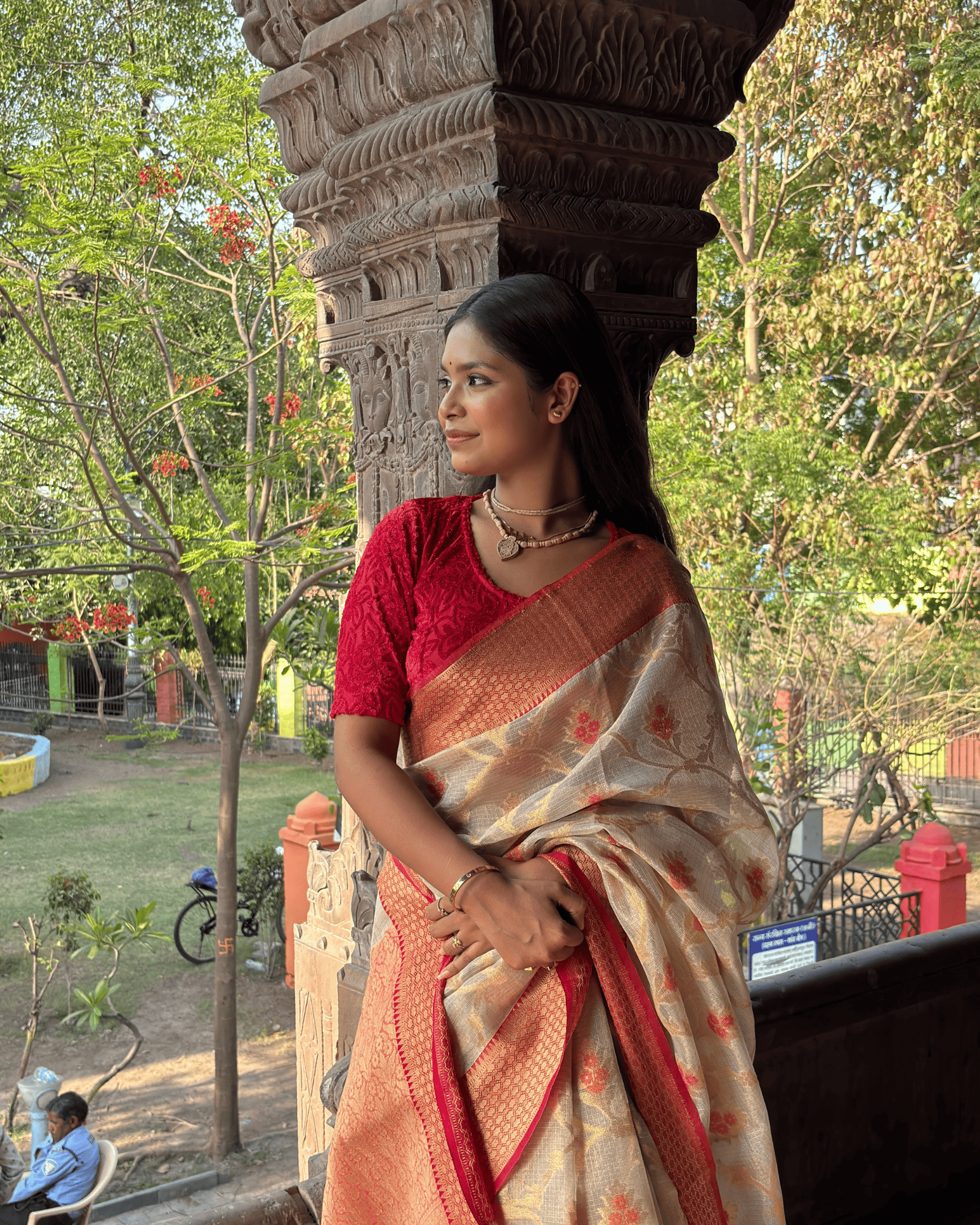 Model pairing the tone-sparkle stretchable blouse with a traditional saree, demonstrating a complete ethnic look.
