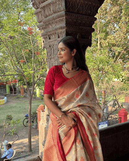 Model pairing the tone-sparkle stretchable blouse with a traditional saree, demonstrating a complete ethnic look.
