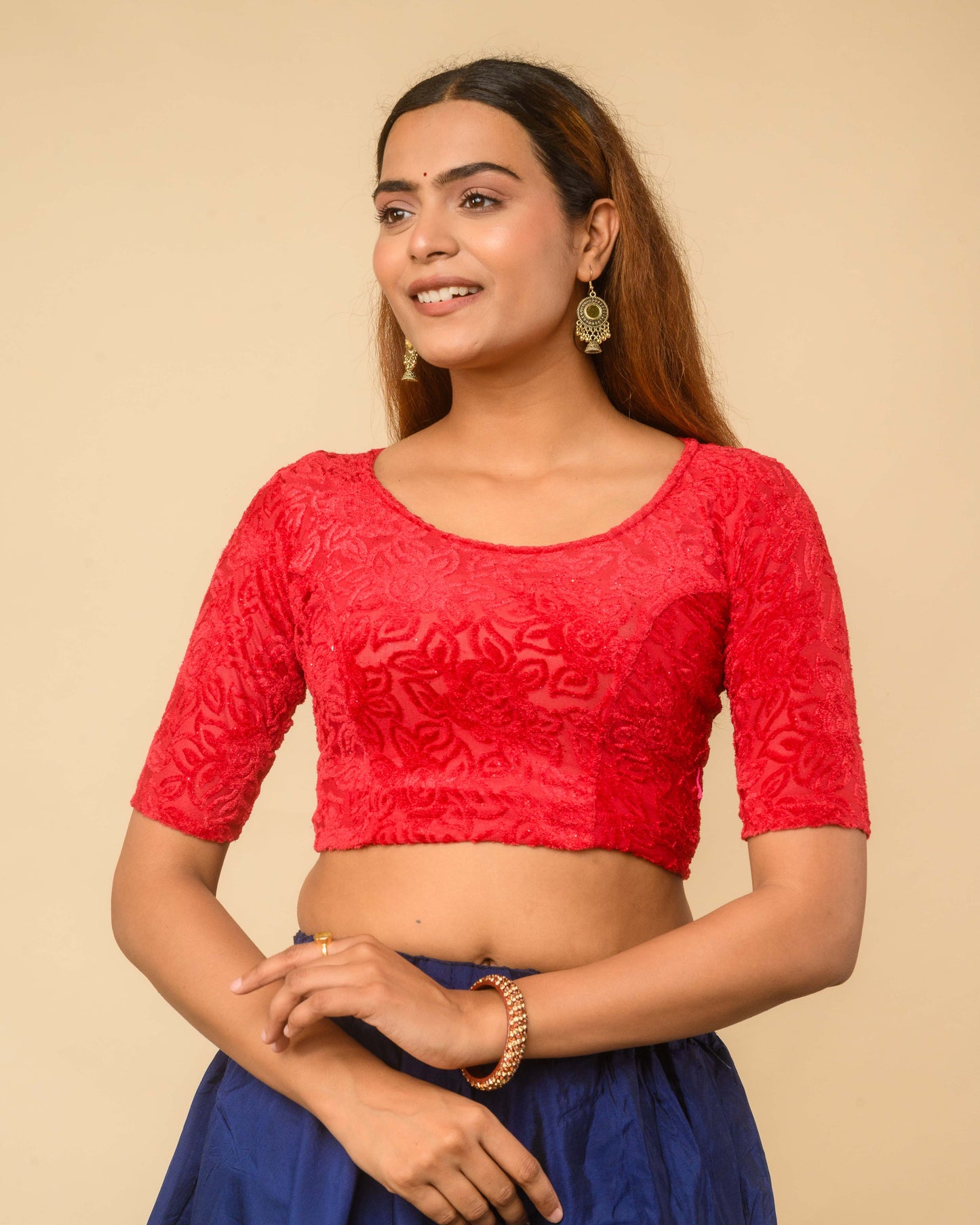 Chanda Maroon Floral Brasso Velvet Stretchable Saree Blouse Advi