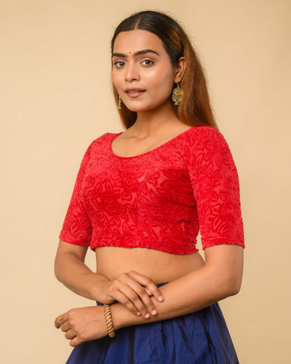 Chanda Maroon Floral Brasso Velvet Stretchable Saree Blouse Advi